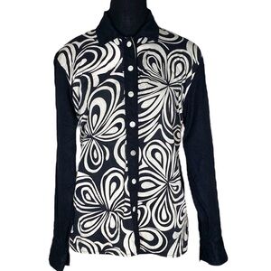 BOBBY CHAN Silk Black White Floral Abstract Pattern Button Up Psychedelic Medium